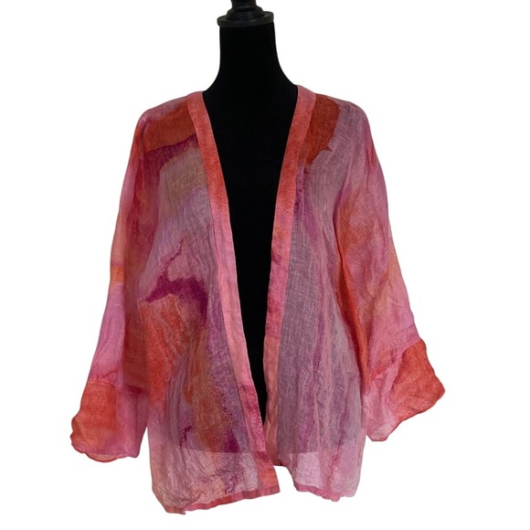 Chico's Jackets & Blazers - Chicos Womens Sheer‎ Watercolor Pink Coral Open Kimono Size XLP Coastal Linen